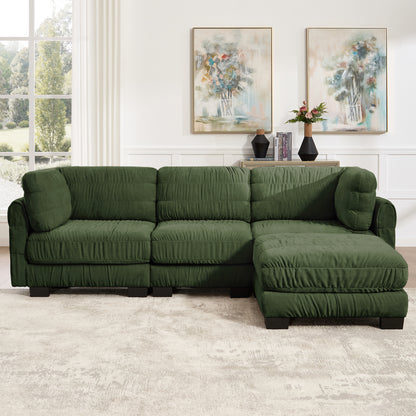 3 Seat Ruched Detailing Chenille Modular Sectional Sofa,Movable Ottoman,High-Density Foam,L Shape Thickened  Back Cushions,Easy Assembly,For Living Room,Bedroom,Green