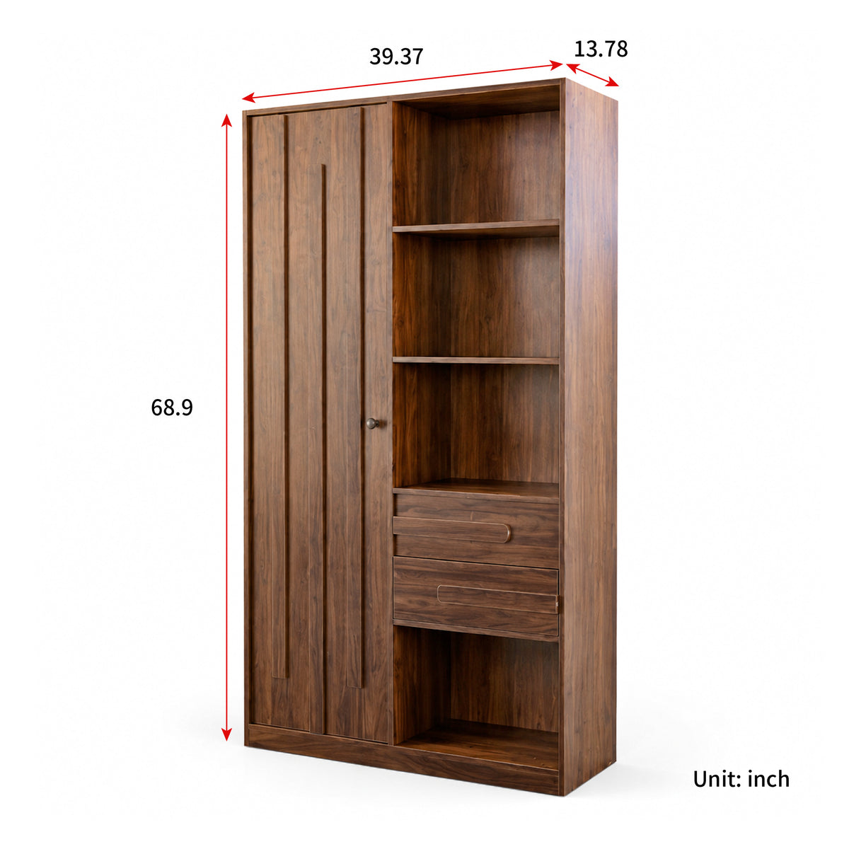 Freestanding Storage Cabinet, Tall cabinet with fluted Door, 2 Drawers & Open Shelves, Multi-Purpose Organizer for Bedroom, Living Room, Entryway