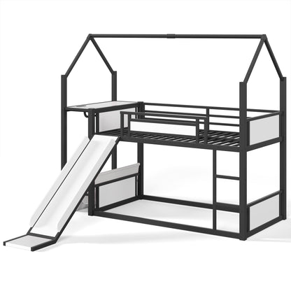 Twin Over Twin Metal Bunk Bed with Slide, LED Clothing Hanging Area, Fabric Storage Shelf & Power Outlet, Childlike Playhouse bunk bed Frame with low-profile design for Kids Girls,boys, Black