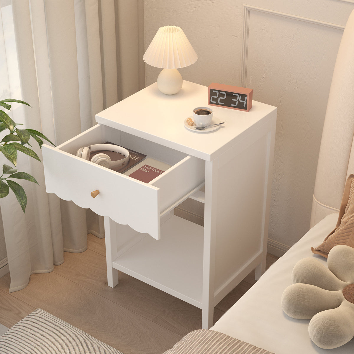 Modern White Nightstand with Drawer and Open Shelf,Scalloped Edge Bedside Table for Bedroom, Cute Minimalist Side Table for Kids Room or Girls' Room