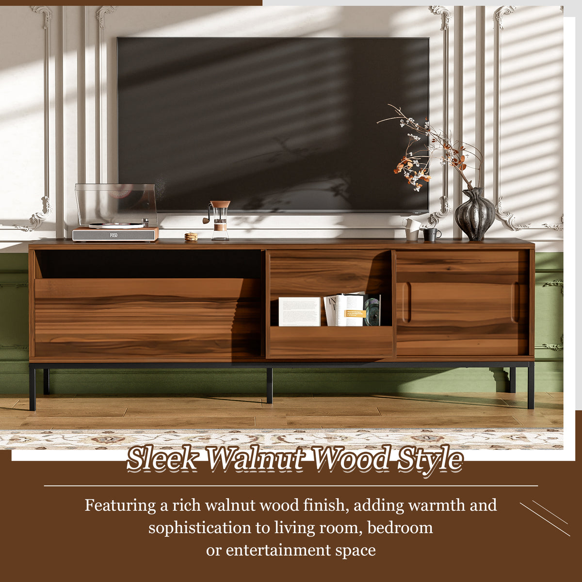 U-Can 70.8'' Modern TV Stand for TVs up to 75 Inches, Entertainment Center with Storage Space, Sliding Doors, Adjustable Shelves and Metal Frame, Mid Century Modern Media TV Console Table for Living R