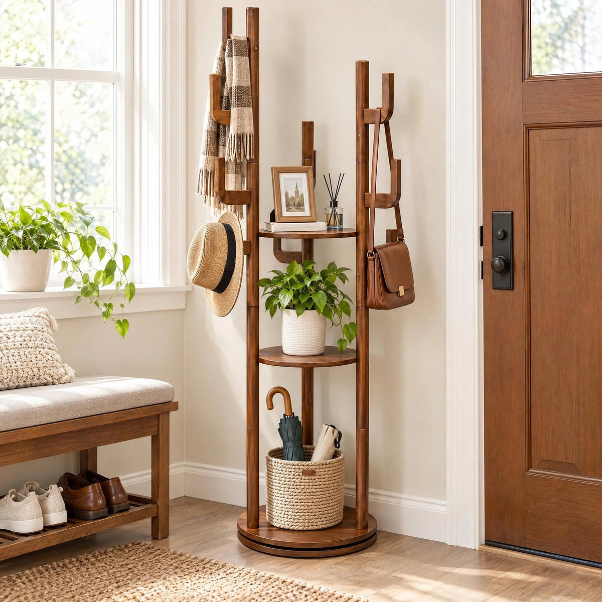 Coat Rack Freestanding, Solid Wood Rotary Coat Rack with 3 Storage Shelves & 9 Hooks, Coat Tree for Bedroom, Livingroom, Entryway, Coat Hanger Stand for Coats, Scarves, Handbags, Hat (Walnut)