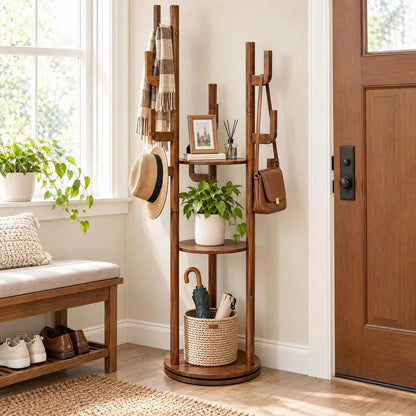 Coat Rack Freestanding, Solid Wood Rotary Coat Rack with 3 Storage Shelves & 9 Hooks, Coat Tree for Bedroom, Livingroom, Entryway, Coat Hanger Stand for Coats, Scarves, Handbags, Hat (Walnut)