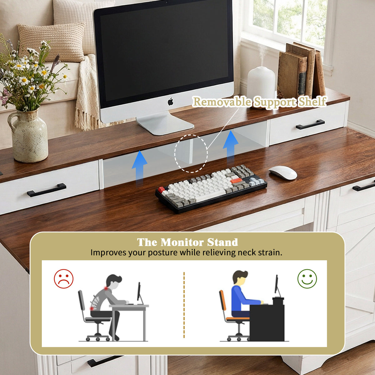 White Farmhouse Office Desk with Charging Station, Monitor Stand & Storage Cabinet, Barn Door Design, MDF, 59.5' L x 21' W x 35.8' H