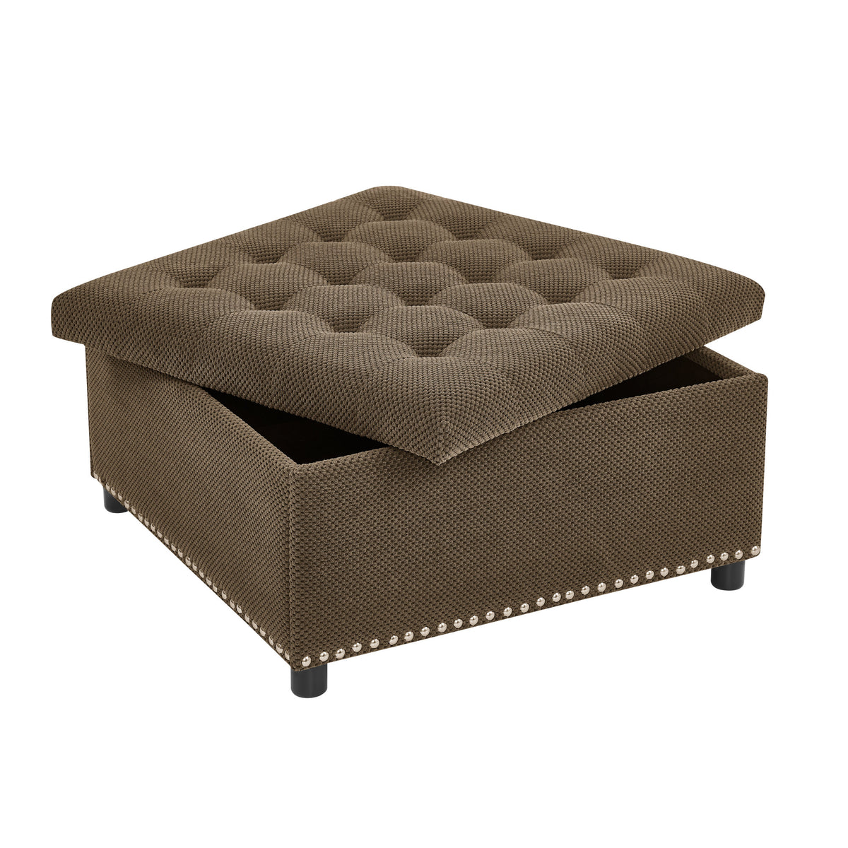 Storage Ottoman, Tufted Footstool, Nailhead Trim Ottoman, Square Storage Ottoman, Upholstered Coffee Table, Bedroom Storage, Living Room Accent, Dark brown Ottoman, Small Space Furniture, Home Decor.