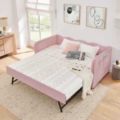 Twin‑Size Daybed, Gingham Upholstered 3‑in‑1 Versatile Convertible Sofa Bed with Pull‑Out Trundle & Side Storage Pockets, Ideal for Multiple Room Layouts and Small‑Space Living-Pink