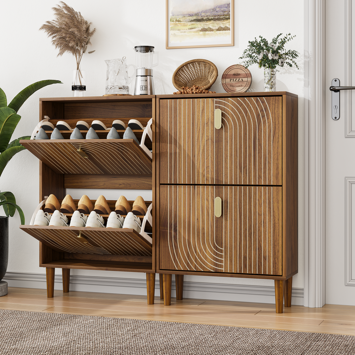 Shoe Storage Cabinet with 2 Flip Drawers,Free standing Shoe  Cabinet with Metal Handles for Entryway,Shoe Rack Cabinet with line groove design,23.6"W