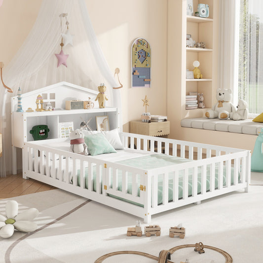 Full-size Montessori Floor Bed with Bookcases and Blackboards, Versatile Platform Beds with Guard rails, Solid Wood Floor Beds with Storage Headboards, Floor Beds for Kids and Teens White