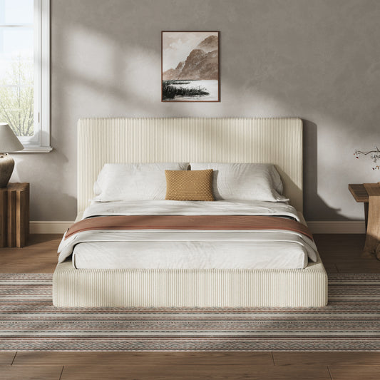 Queen Size Upholstered Bed Surround, Soft Corduroy Cushioned Bed Surround with High-Density Sponge, Low Profile Bedroom Bed Surround, Cream, Bed Frame Not Included