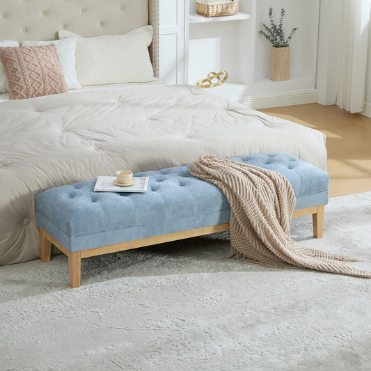 63'' Wide Upholstered Chenille Accent End of Bed Bench Ottoman With Nature-finished Rubberwood Legs, Tufted Footstool with Padded Seat for Window Entryway Living Room Bedroom Dining Hallway, Blue