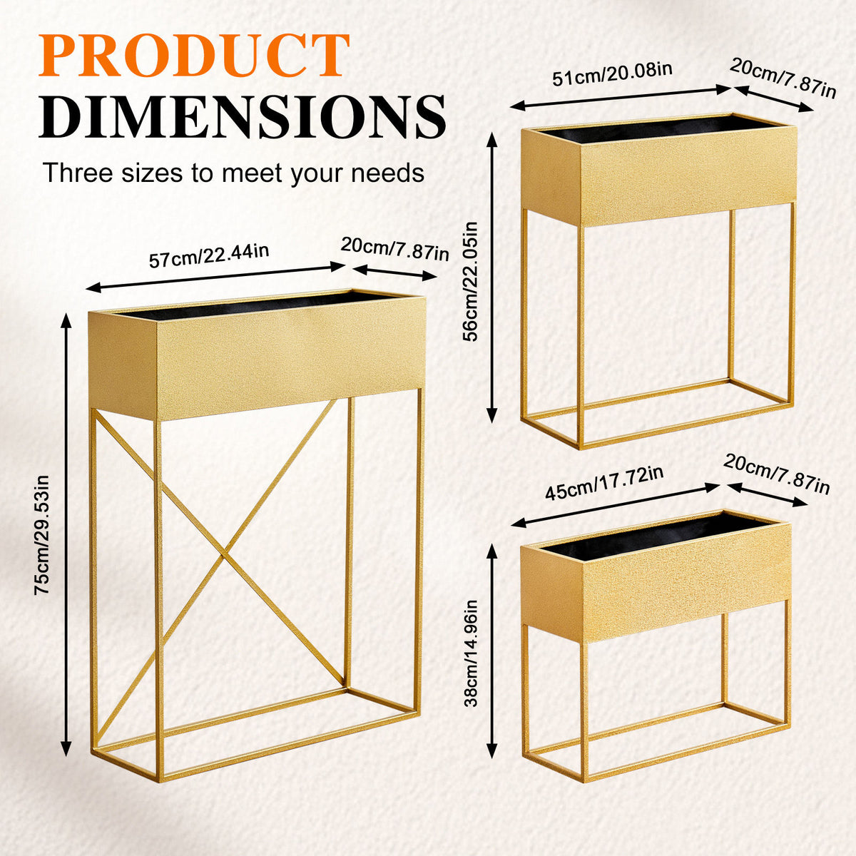 3‑Pack Pre‑Assembled Gold Metal Elevated Planter Stand with Non‑Woven Liner, UV‑Resistant Rectangular Raised Herb Flower Planter Box for Patio Balcony Indoor Outdoor