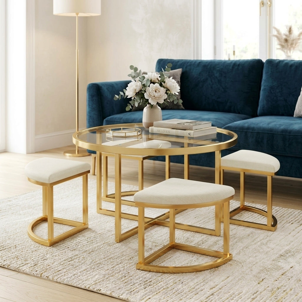 Modern Round Coffee Table Set with 4 Nesting Stools, Tempered Glass Top & Gold Metal Frame, Space Saving Cocktail Table with Upholstered Stools for Living Room, Apartment