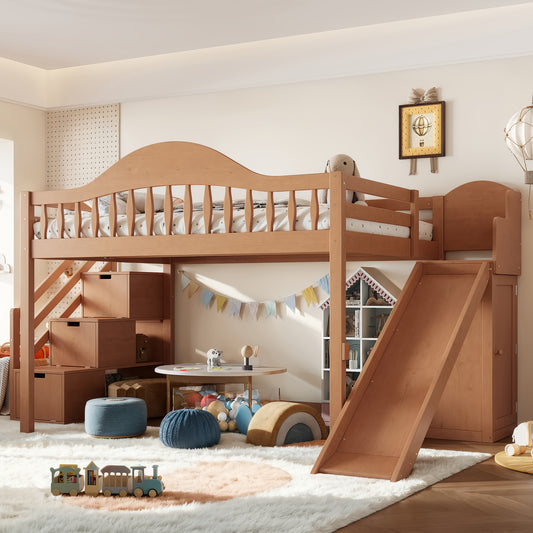Full Loft Bed with Storage Stairs, Slide & Built-in Wardrobe, Stylish High Guardrail,wood Loft Bed Frame for Bedroom,dorms,guests.  Walnut