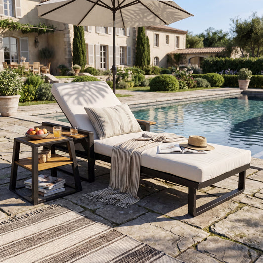Black Iron & Teak Finish Chaise Lounge Set: 1 Frame + 1 2-Fold Cream Cushion, 400 lbs Capacity, 4-Position Adjustable Backrest, 4" Thick Water-Resistant Cushion for Patio Poolside Backyard
