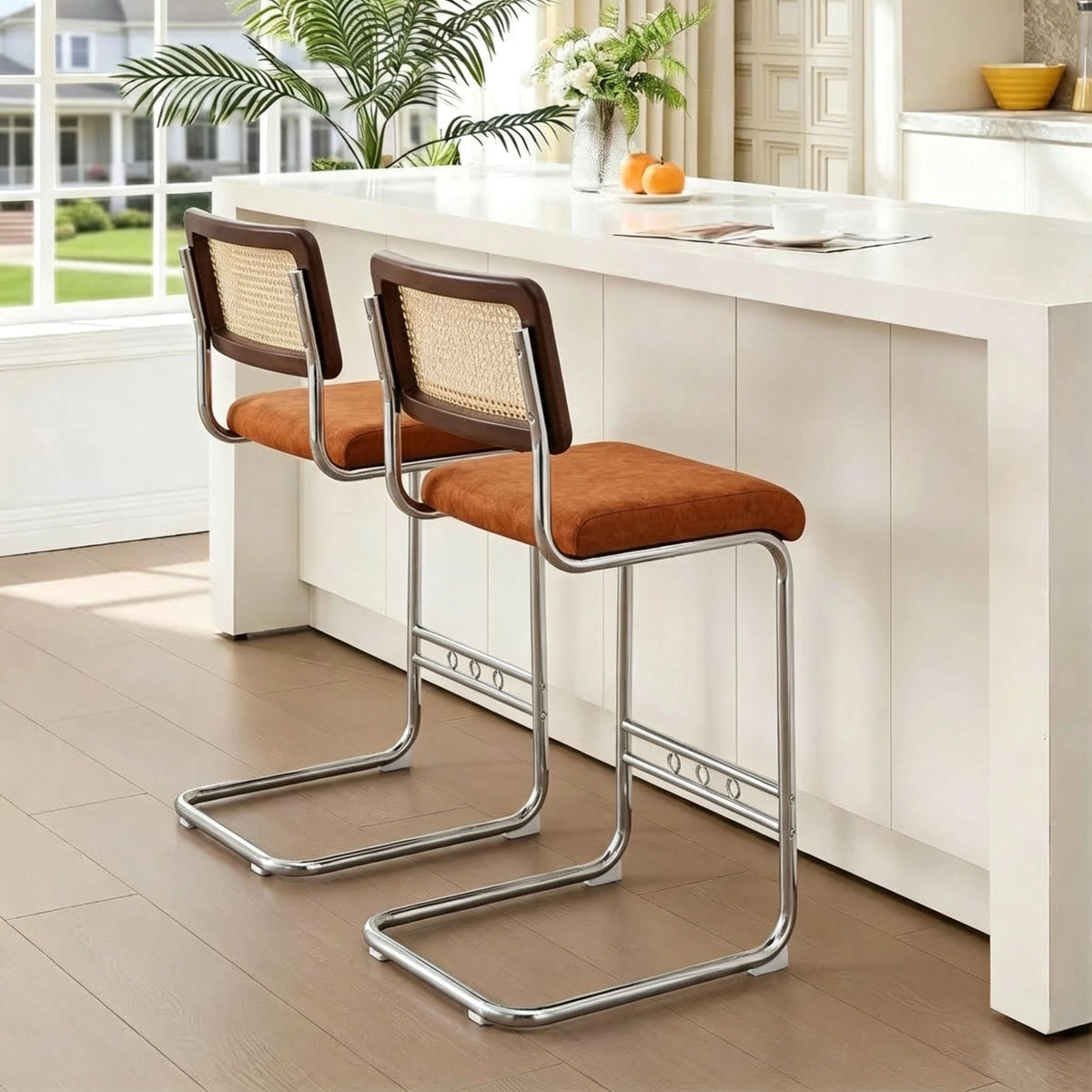 Natural Woven Bar Stool 2-Piece Set with Solid Wood Backrest 25 Inches Medieval Modern Style Counter Stool Coffee Color Velvet Kitchen Stool Chrome Metal Legs.