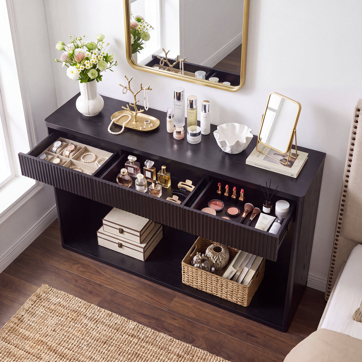 63" Fluted Console Table with 3 Drawers, Long Sofa Table Behind Couch for Living Room, Hallway, Foyer,Black