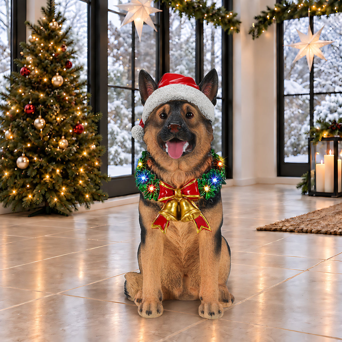 Lighted Christmas German Shepherd Dog Statue, Santa Hat Puppy Figurine with LED Wreath and Bells