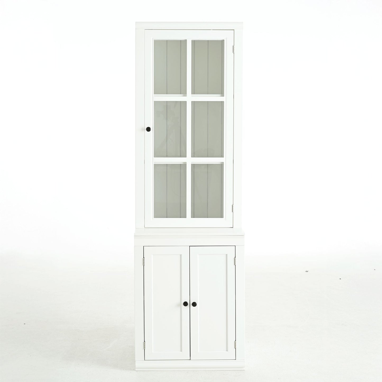 75.25'' Tall Freestanding Pantry Cabinet with Glass Door & Lattice Window, Farmhouse Display Cabinets with Storage, Hutch with Double-Action LH&RH Door, for Hallways, Livingroom Kitchen & Office,White
