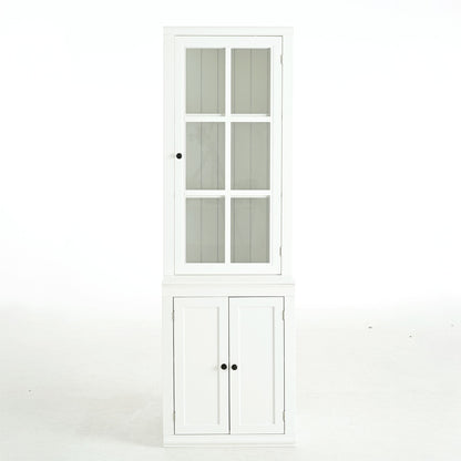 75.25'' Tall Freestanding Pantry Cabinet with Glass Door & Lattice Window, Farmhouse Display Cabinets with Storage, Hutch with Double-Action LH&RH Door, for Hallways, Livingroom Kitchen & Office,White