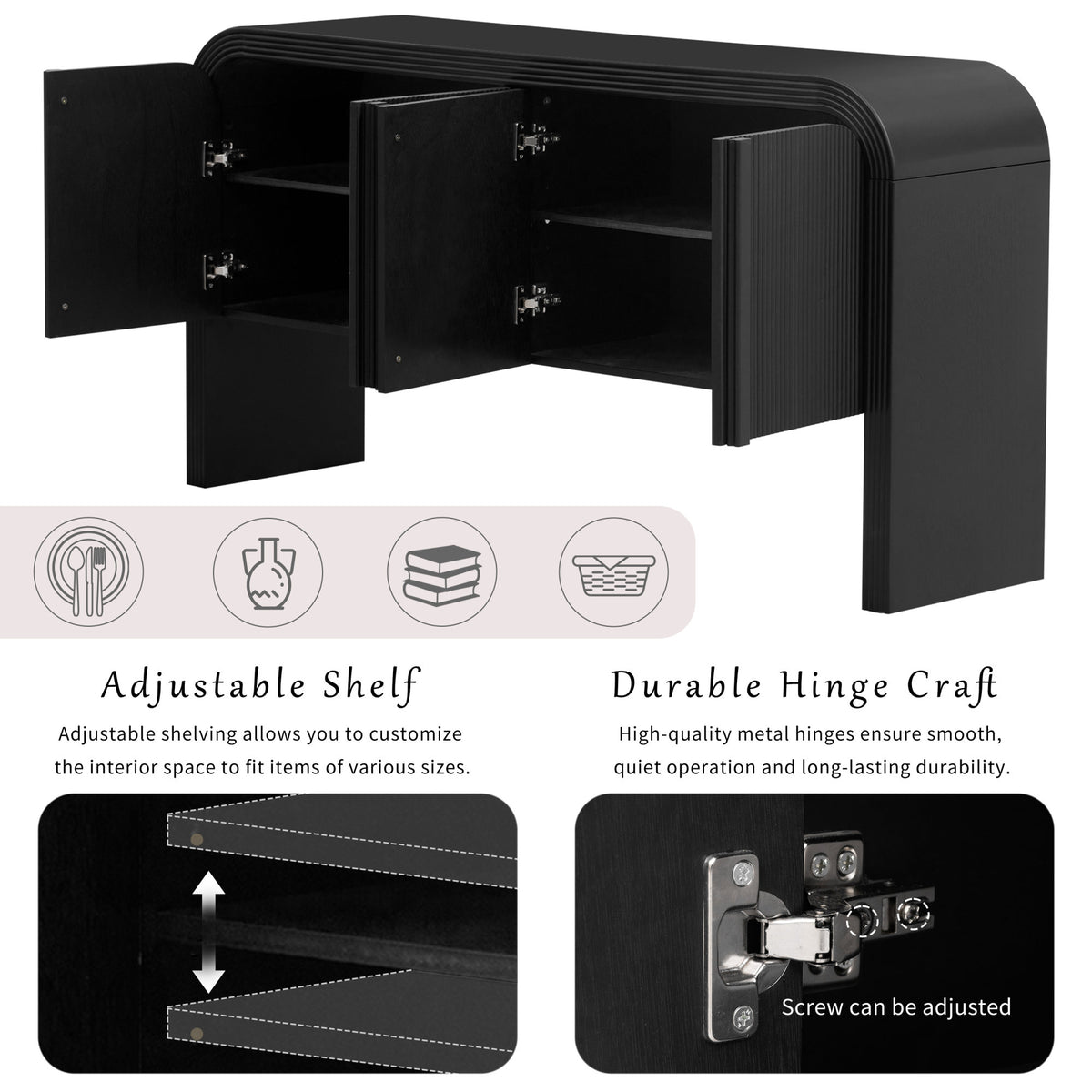 U_STYLE 62.2-Inch Wave-Pattern Console Table with 4 Doors and Adjustable Shelf, Curved design Sofa Table Behind Couch