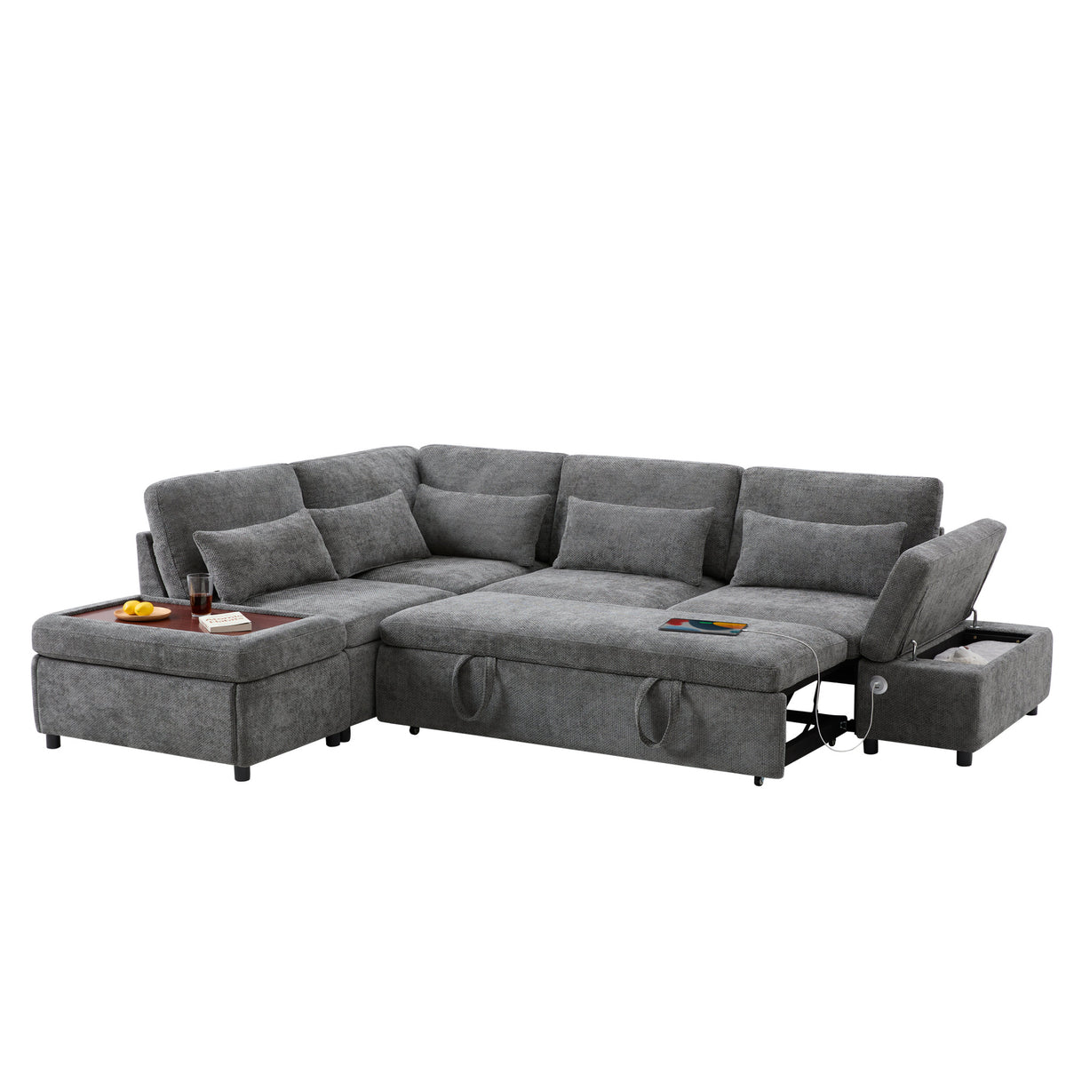 [VIDEO]107'' Sectional Sleeper Sofa Bed with Pull Out Couch, L-shaped with Adjustable Armrest, USB&Type-C Charging