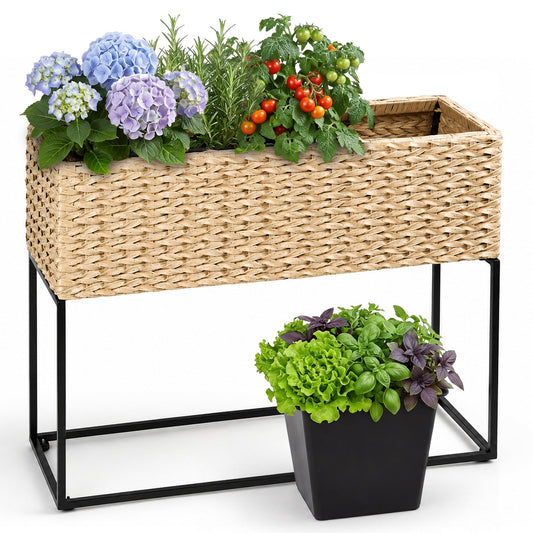 SOLHOME 29.9" Polyrattan Planter Box with Stand, Natural Resin Wicker Raised Plant Pot – Indoor Outdoor Planter with 3 PP Inserts