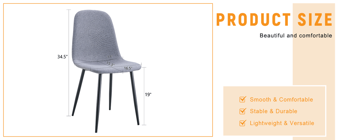 Luxury Simple Chair - Set of 4 Light Gray Linen-Cotton Material High Resilience Dining Chair with Metal Black Leg.Integral metal leg architecture,Suitable for various interior decoration styles.