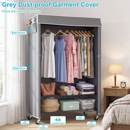 Clothes Rack with Cover, Rolling Clothes Rack, Heavy Duty Garment Rack with Shelves & Grey Cover, Clothes Rack with Side Pocket, Portable Closets for Hanging Clothes, 45''W×15.7''D×72.83''H, Black