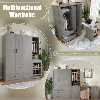 Multifunctional Wardrobe with 2 Doors and Hanging Rod, Wooden clothes closet with Convertible Desk and Storage Drawers – Model W1580S00476