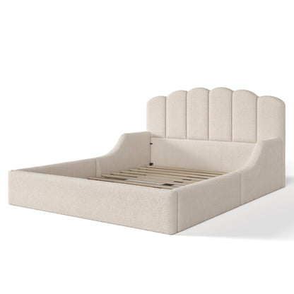 Queen Teddy Fabric Upholstered Floor bed, Stylish Upholstered Kids bed, Low Profile Children Bed Frame, Soft Plush Upholstered Floor bed for Kids &Teens.Beige