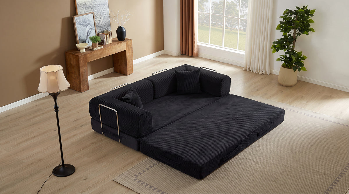 Convertible Sofa Bed, Folding Floor Couch Corduroy Fold Out Couch Bed Futon Sleeper Mattress with Pillows, Boneless Sofa for Living Room Bedroom,BLACK