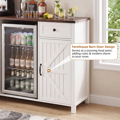Farmhouse Coffee Bar with Mini Fridge Space & Built-in Charging Station,Large Bar Cabinet with Drawers & Adjustable Shelves for Kitchen, Dining Room, or Living Room, White