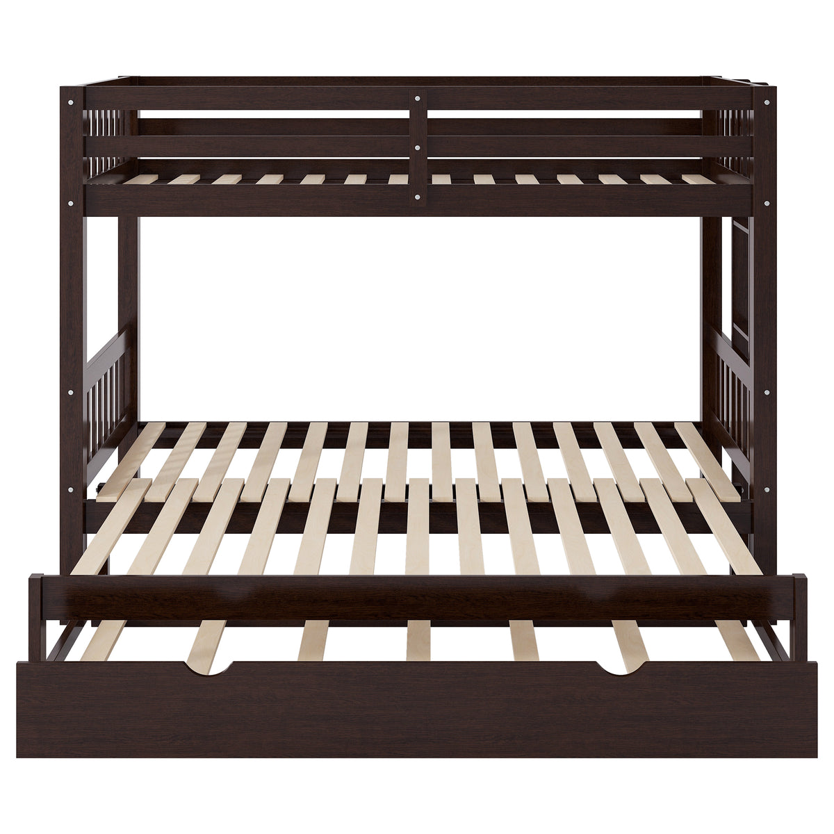 Twin Over Pull-out Bunk Bed with Trundle in Espresso, Pine Wood and MDF, 78.9''L x 116''W x 59.6''H