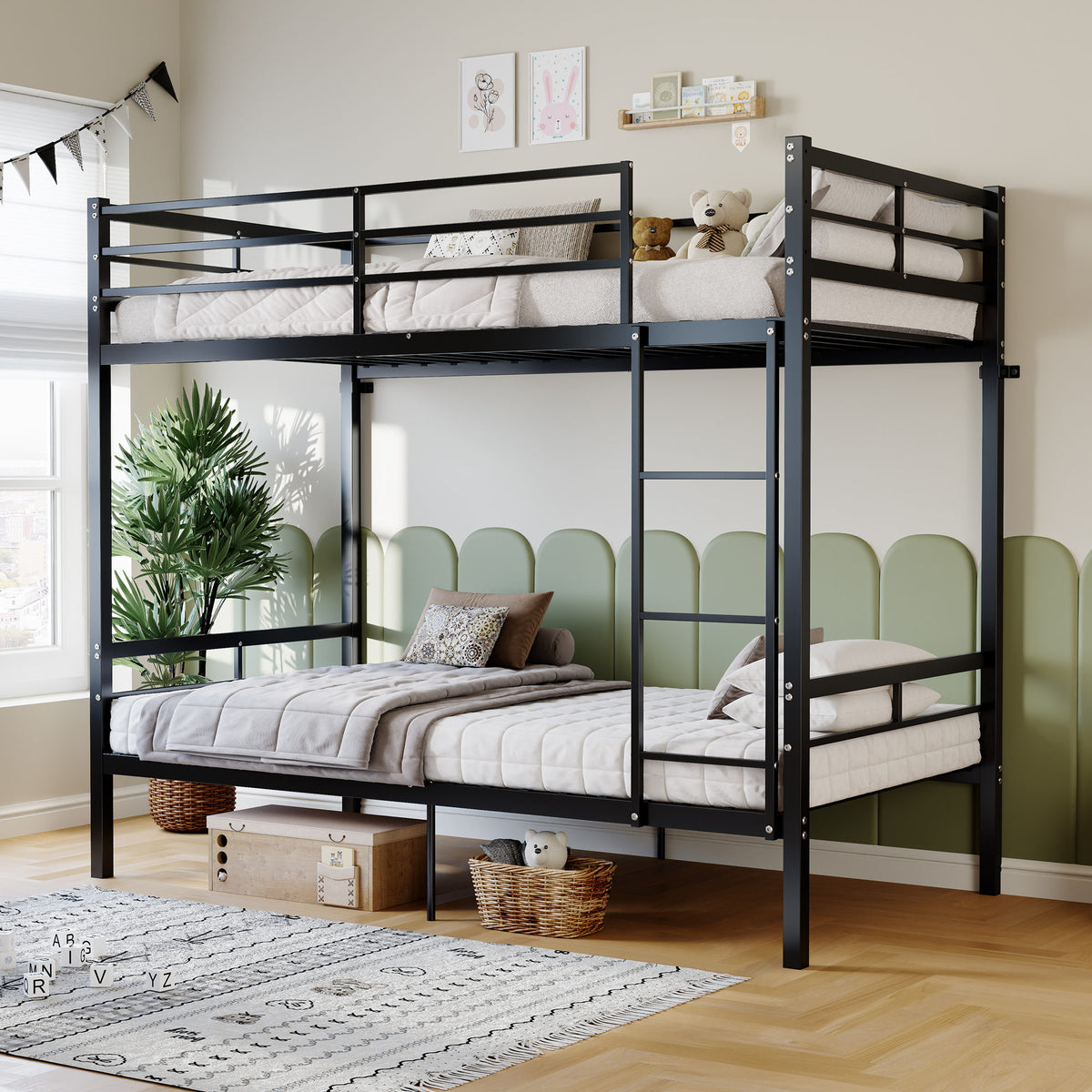 Metal bunk bed (single bed), suitable for children/teenagers/adults. 14.17-inch high guardrails. Single bunk with 19 crossbars and a weight capacity of over 400 lbs. Under-bed storage. Black.