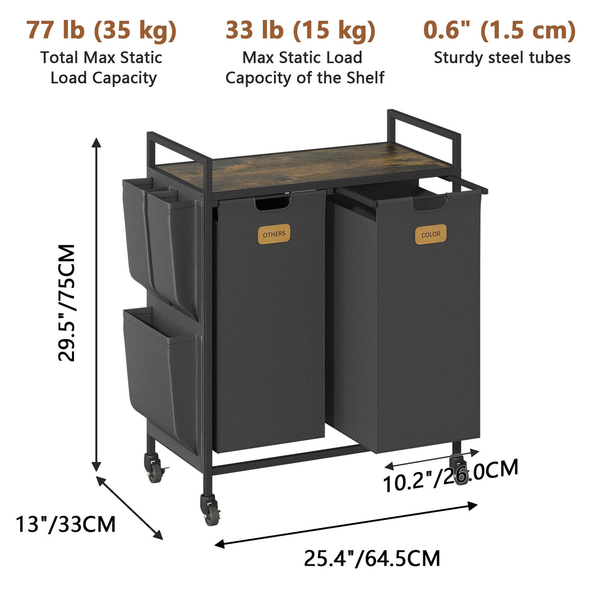 2 Section Laundry Hamper, Laundry Sorter with Wheels, Laundry Basket Organizer with Shelf & 2 Pull-Out Removable Bags, Dirty Clothes Hamper Organizer for Laundry Room Bathroom Dorm ,26.4 gallons(100L)