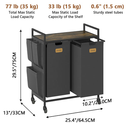 2 Section Laundry Hamper, Laundry Sorter with Wheels, Laundry Basket Organizer with Shelf & 2 Pull-Out Removable Bags, Dirty Clothes Hamper Organizer for Laundry Room Bathroom Dorm ,26.4 gallons(100L)