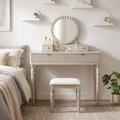 Luxury Vanity Desk with Round Mirror,Height-Adjustable, Stylish Dressing Table Set, 4 Drawers & Stool, Champagne