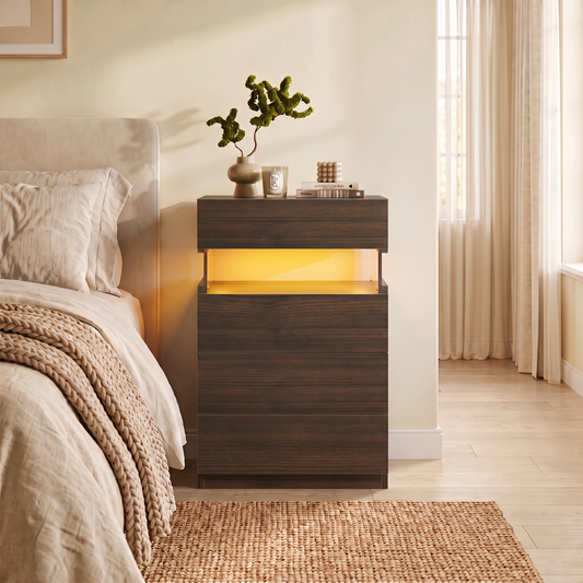 Nightstand with LED Lights, Bedside Table, Side Table with 4 Drawers, Modern Style,Walnut