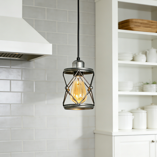 Rustic Mini Cage Industrial Pendant Light, Silver Grey Adjustable, Kitchen Island Dining Hallway Entryway Lamp
