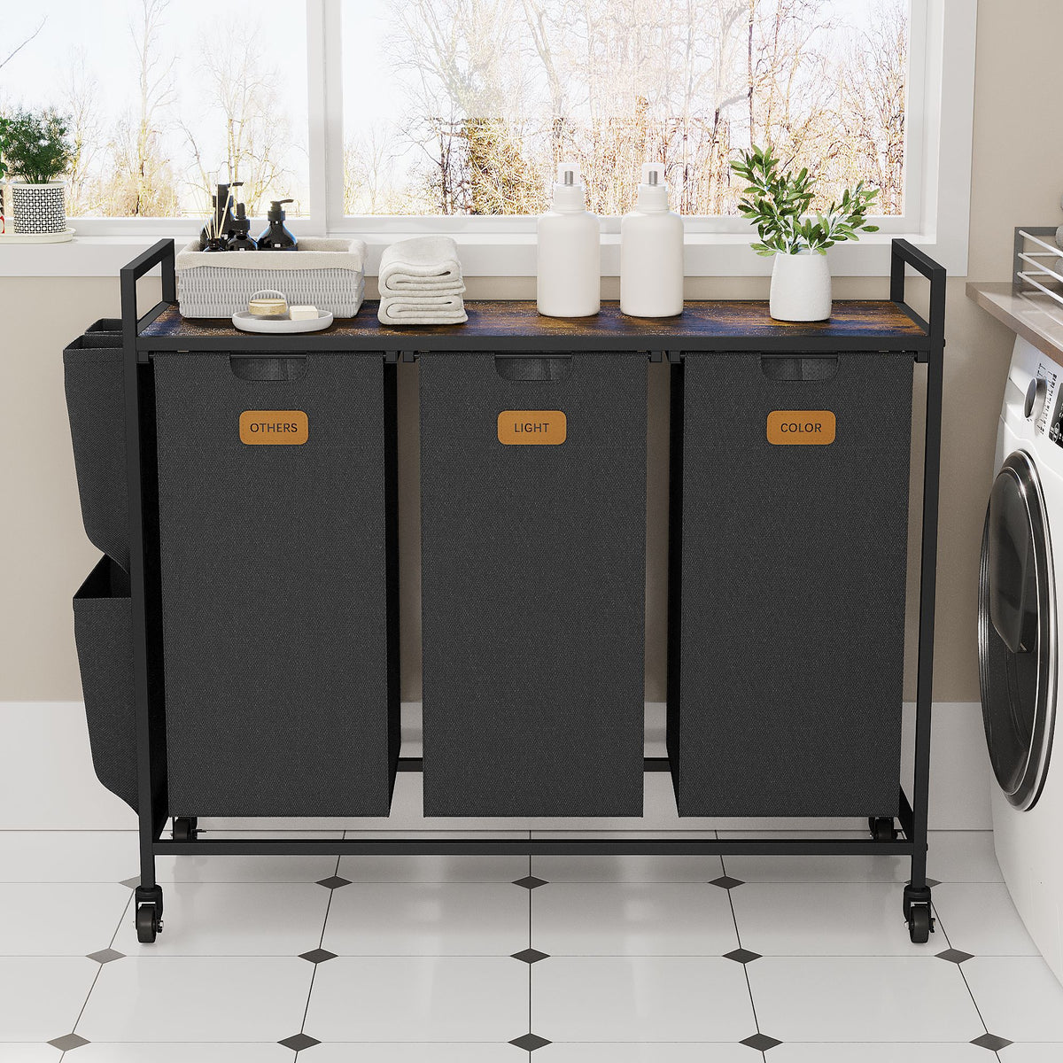 3 Section Laundry Hamper, Laundry Sorter with Wheels, Laundry Basket Organizer with Shelf & 3 Pull-Out Removable Bags, Dirty Clothes Hamper Organizer for Laundry Room Bathroom Dorm ,39.6 gallons(150L)