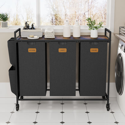 3 Section Laundry Hamper, Laundry Sorter with Wheels, Laundry Basket Organizer with Shelf & 3 Pull-Out Removable Bags, Dirty Clothes Hamper Organizer for Laundry Room Bathroom Dorm ,39.6 gallons(150L)