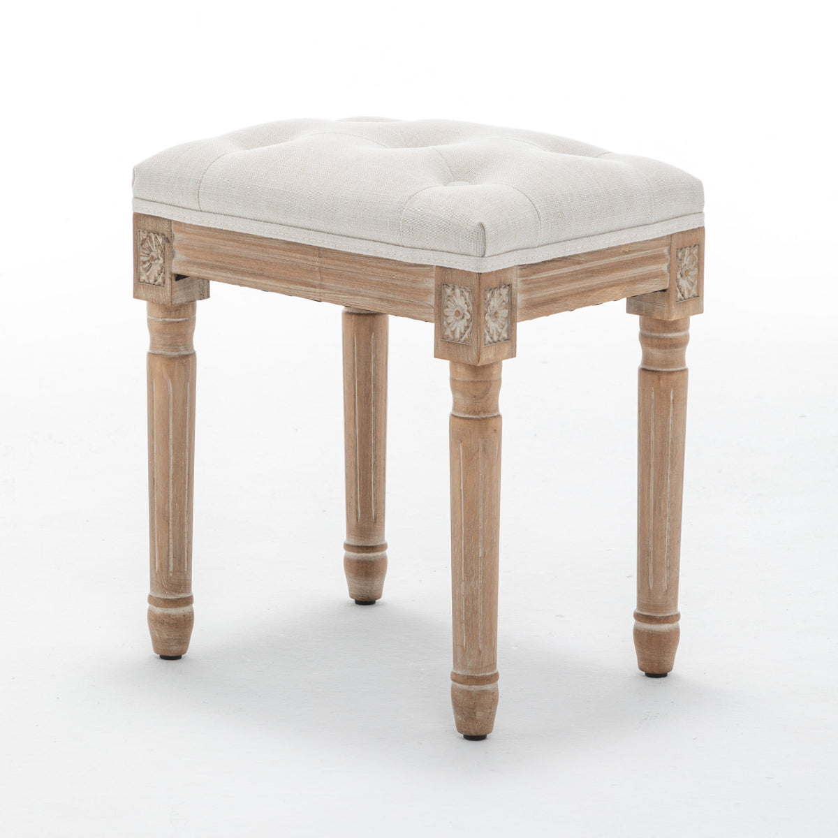 Tufted Vanity Stool with Linen Upholstery & Carved Solid Wood Legs, Dressing Bench for Bedroom, Beige