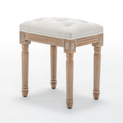 Tufted Vanity Stool with Linen Upholstery & Carved Solid Wood Legs, Dressing Bench for Bedroom, Beige