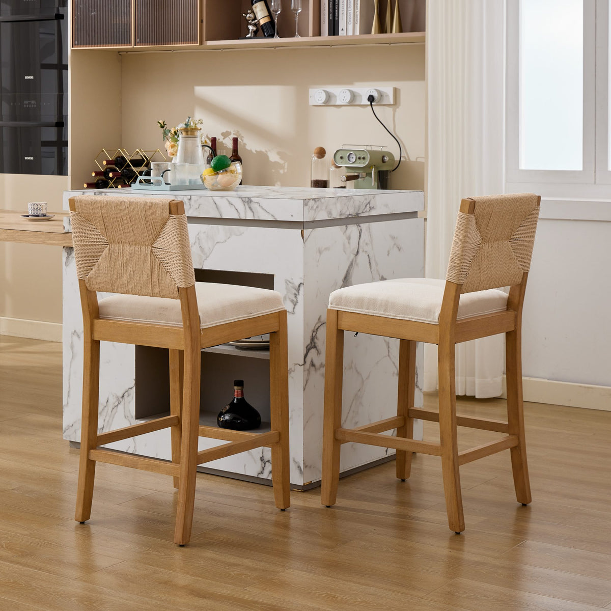 Hand‑Woven Rattan Counter Height Bar Stools Set of 2, 27 Inch Seat Height, Linen Upholstered Barstools with S‑Spring & High‑Density Sponge Cushion, Solid Wood Frame for Kitchen Island,SW1872MT