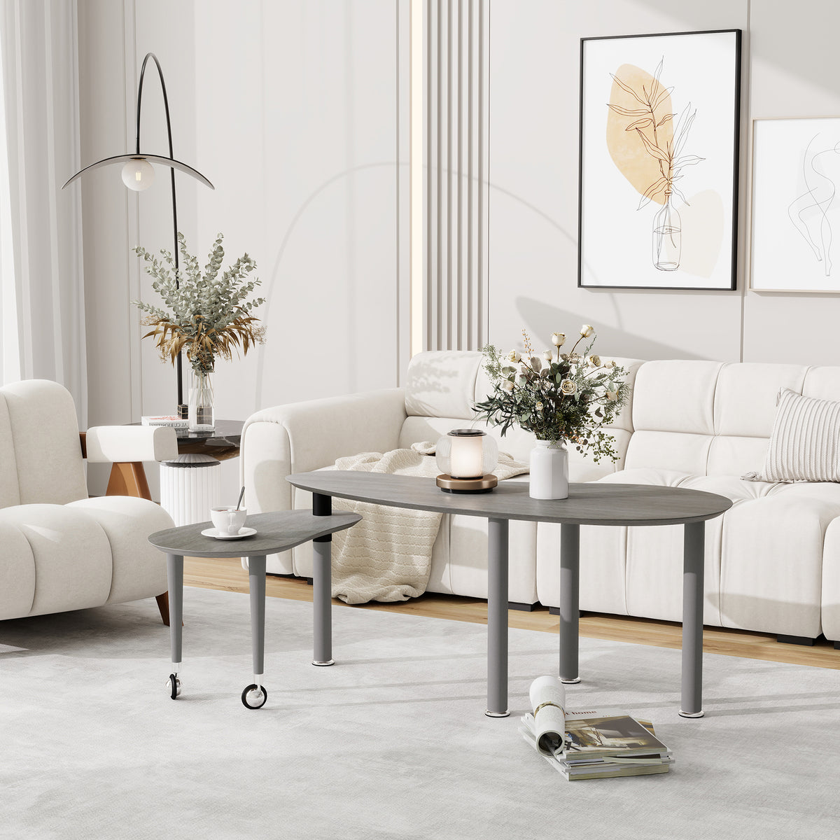 Contemporary rotatable cocktail table with solid rubber wood legs, 360 degree rotating coffee table with wood grain veneer tabletop grey brown / walnut / black finish for living room, bedroom