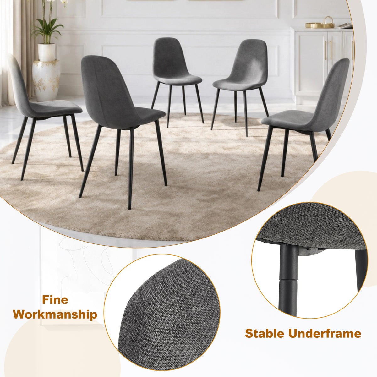 Comfortable Linen-Cotton Dining Chair Set - Six Pieces in Dark Gray.Integrated Seat and Backrest,Linen-Cotton Material,Modern Home Matching.W1151124300