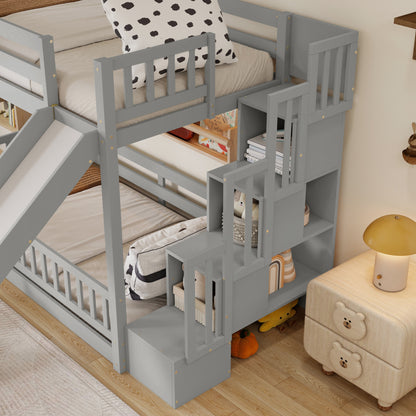 Twin Over twin Bunk Bed with Slide, Storage Staircase, Bedside Storage Rack,LED lights,Pine Solid Wooden Bunk Bed with Safety Guardrails ,Grey