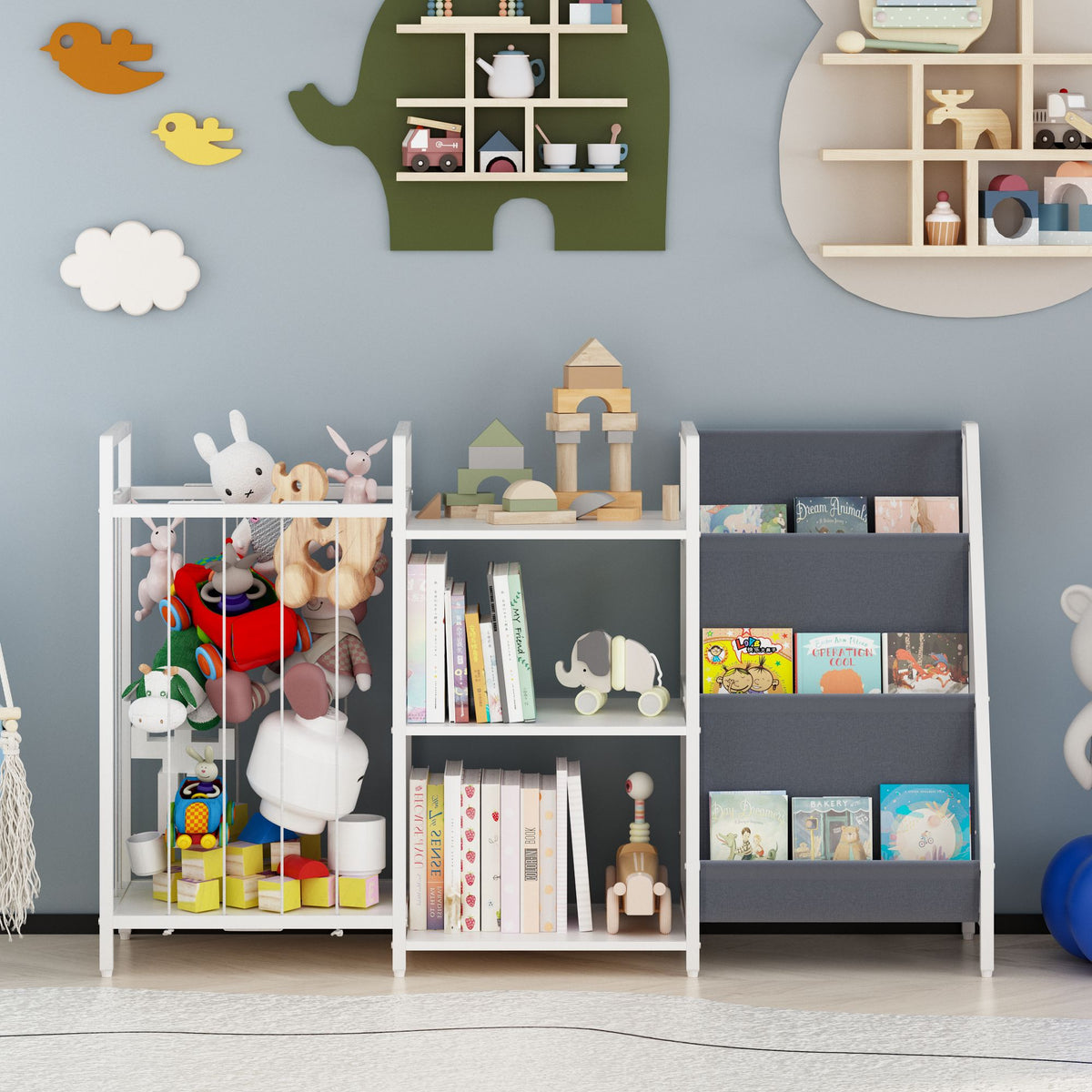 Kids Bookshelf and Toy Storage, 3-in-1 Book Shelf for Kids Rooms, Sling Baby Bookcase with Stuffed Animal Storage, Toddler Montessori Bookshelf for Nursery, Playroom, Kindergarten, Gray
