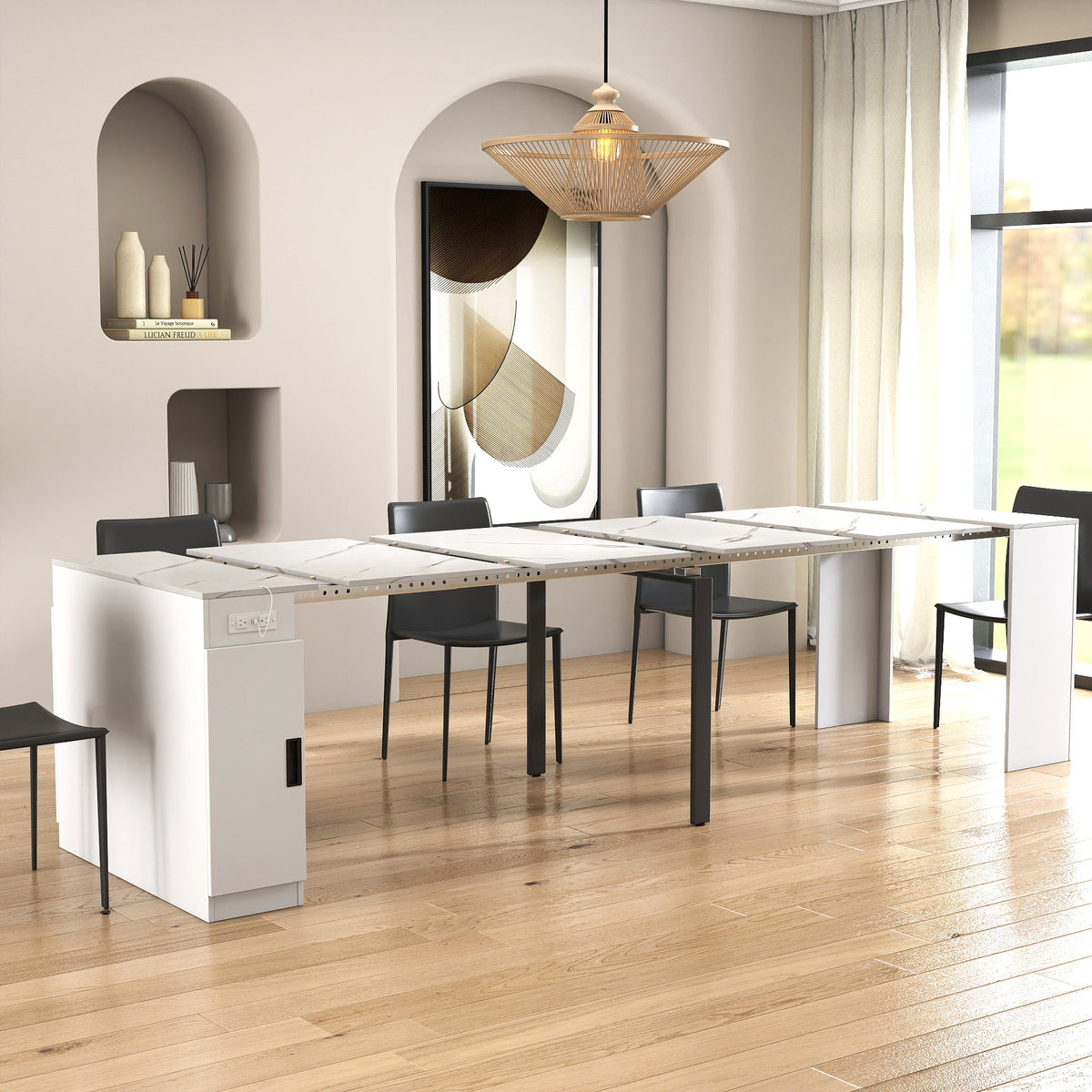Modern Multifunctional Extendable Dining Table with Outlet, Space Saving Expanding Table with Storage for Party, Weddings, Meetings