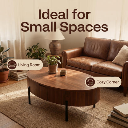 43.3-inch height-adjustable coffee table with solid wood veneer; modern-style coffee table with storage and adjustable height, suitable for living rooms, bedrooms, flats or offices; walnut colour
